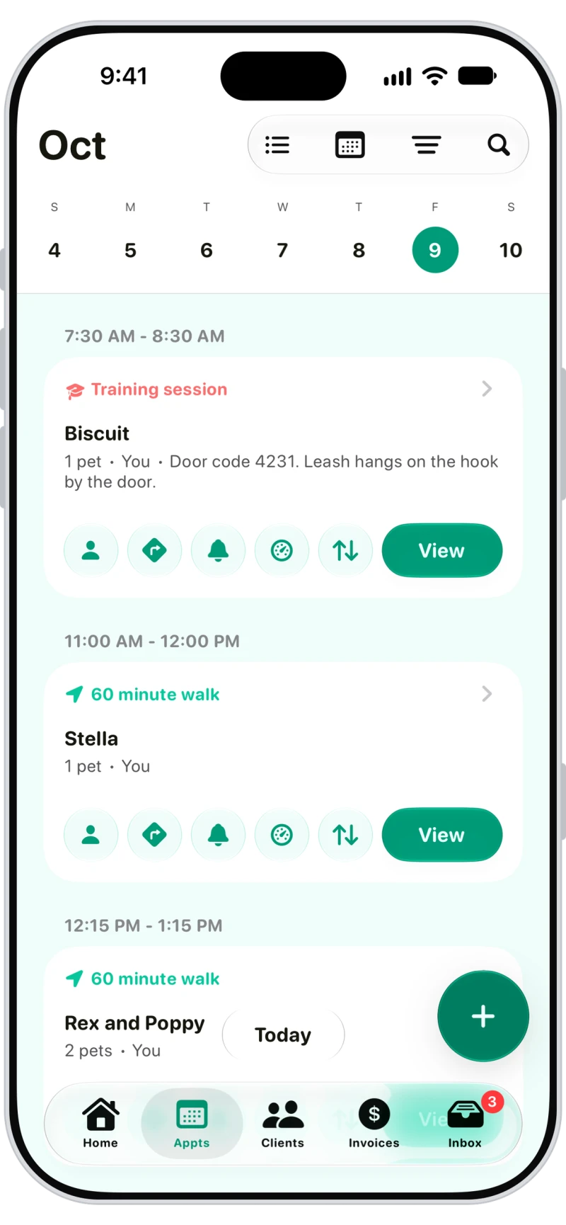 Walkies appointments list with buttons for client details, directions, on my way, travel log and pick up on each visit