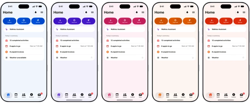 The Walkies Home screen side by side in blue, purple, pink, orange and red brand colors
