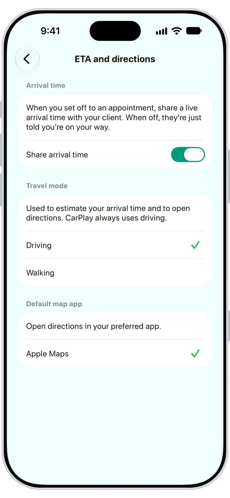 Walkies ETA and directions settings to share a live arrival time