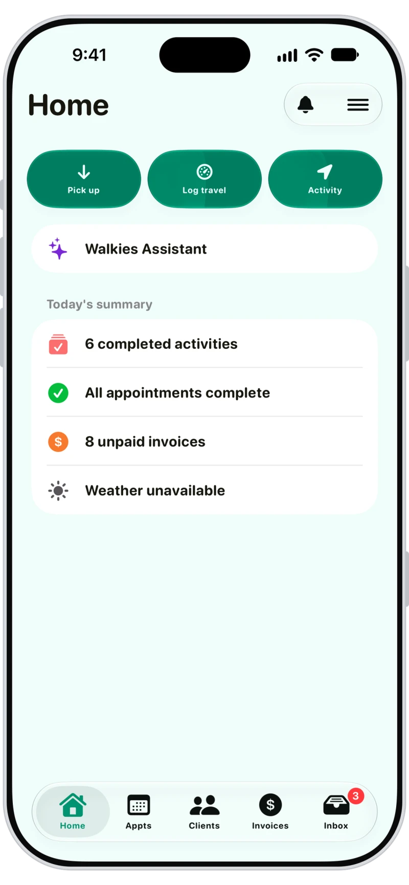 Walkies Home screen with the Walkies Assistant button and today's summary