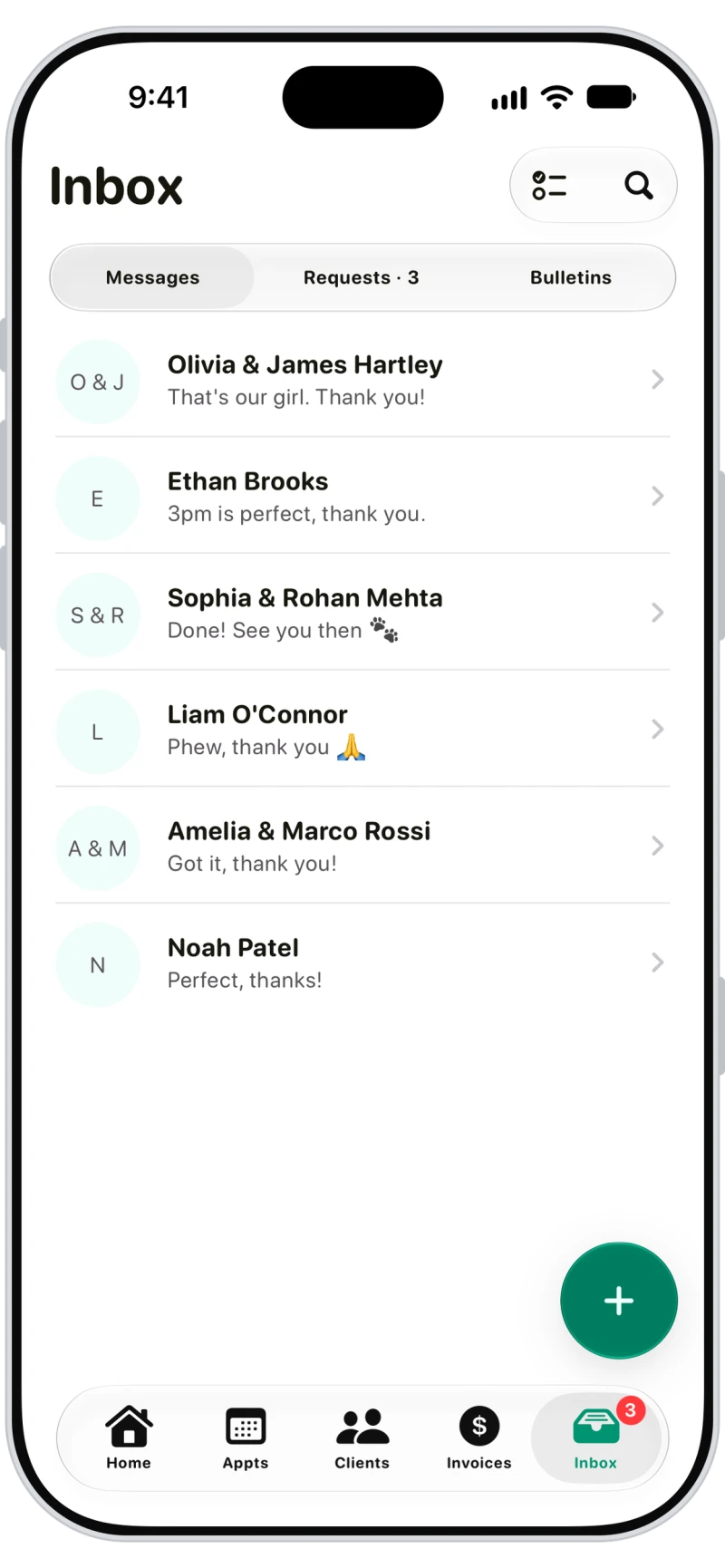 Walkies inbox with conversations from pet owners