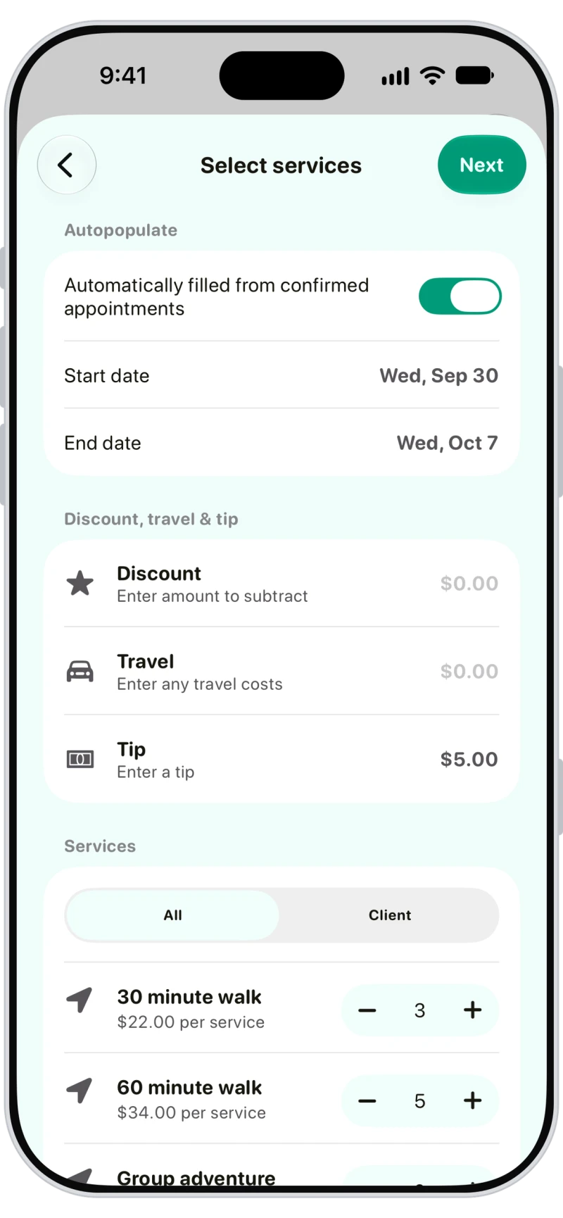Walkies new invoice with services autopopulated from confirmed appointments, plus discount, travel and tip