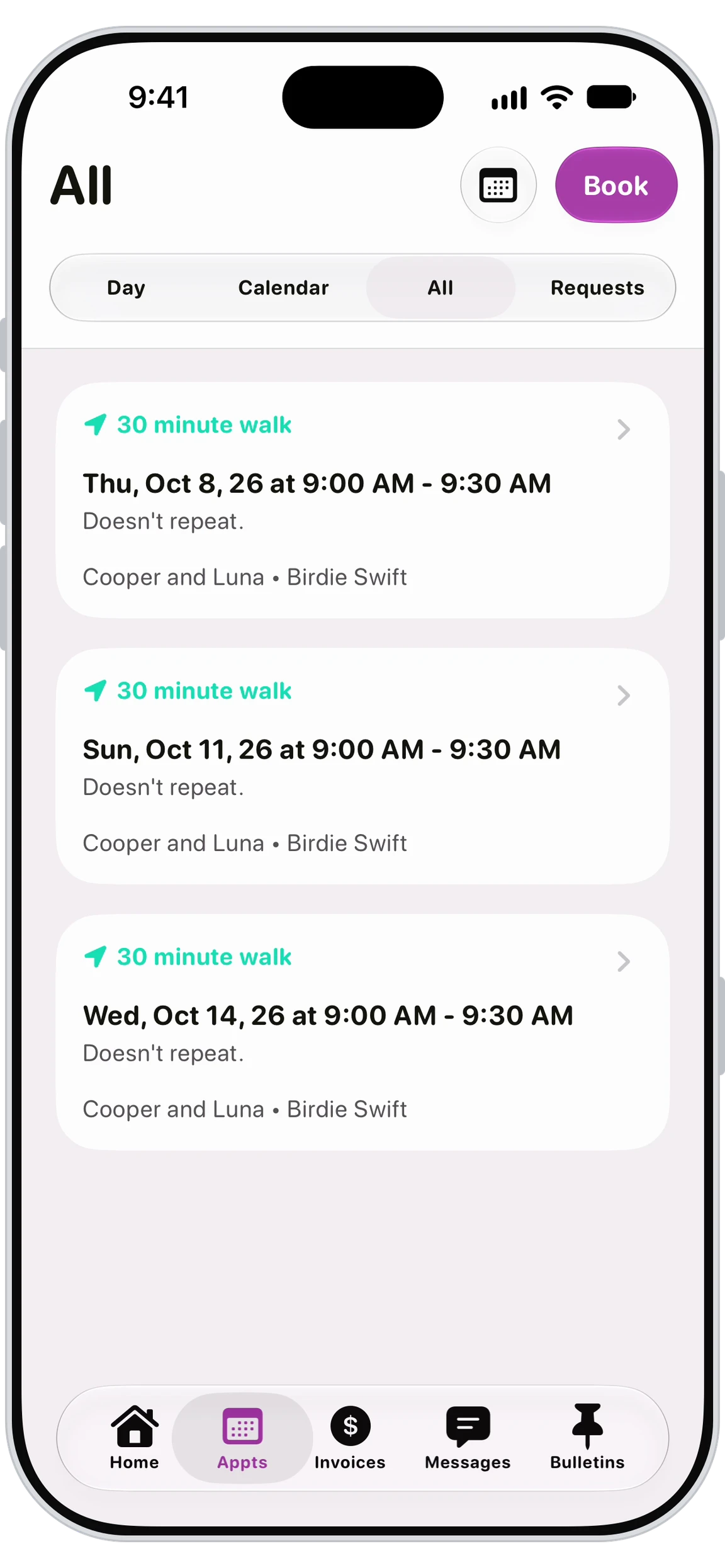 Walkies Journal app showing the pet sitter's available appointments
