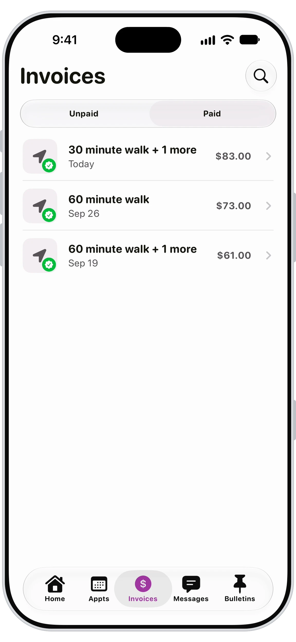 Walkies Journal app showing pet sitting invoices ready to pay