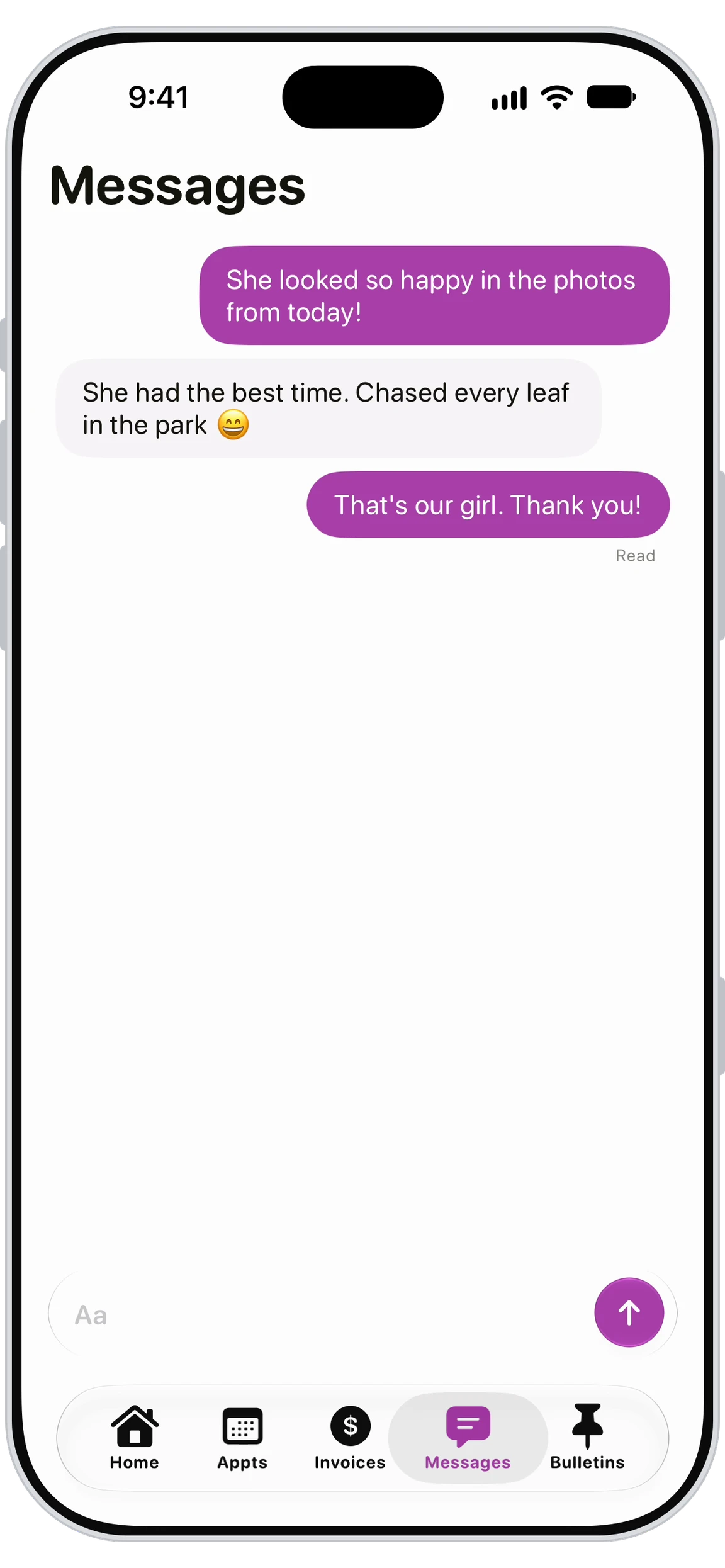 Walkies Journal app messaging thread with a pet sitter