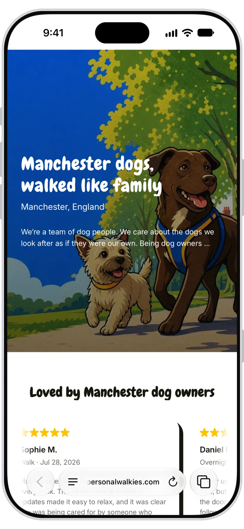 A dog walking company's Walkies website in Safari on iPhone, with an illustrated cover of two dogs and client reviews