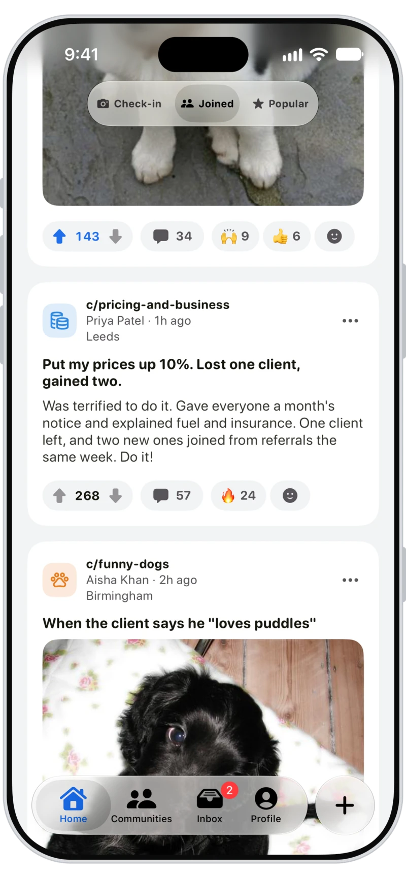 Posts from the dog walking and pricing communities on the Walkies Pack Home feed