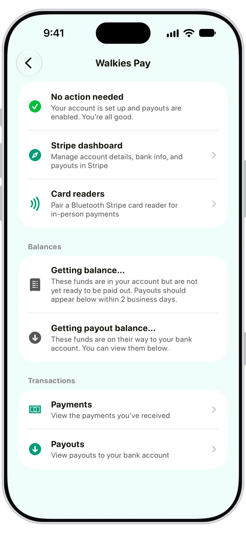 Walkies Pay status showing the account set up with payouts enabled and Stripe balances